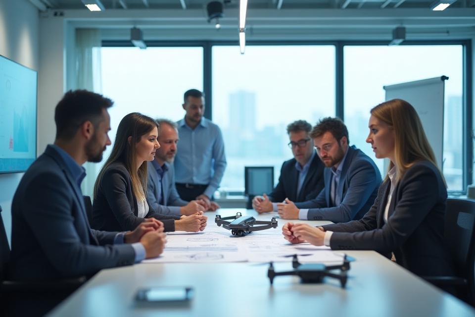 Silberfalke Team in modernem Büro, gemeinsames Brainstorming über Drohnentechnologie